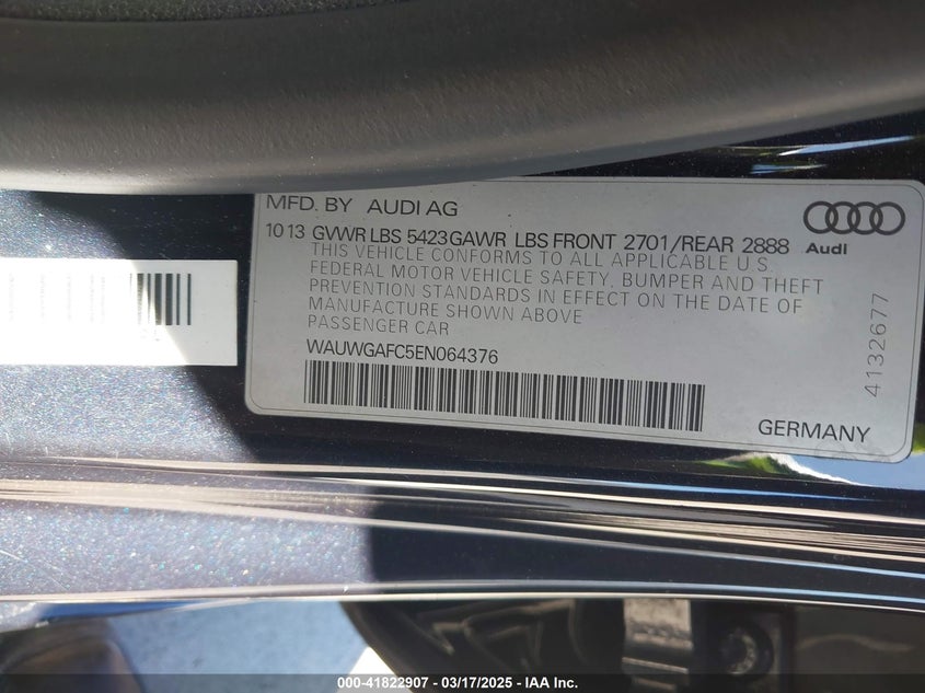 2014 AUDI A7 VIN: WAUWGAFC5EN064376