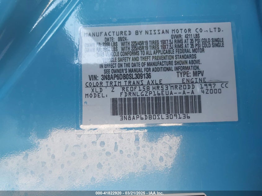 2025 Nissan Kicks Sr Intelligent Awd VIN: 3N8AP6DB0SL309136 Lot: 41822920