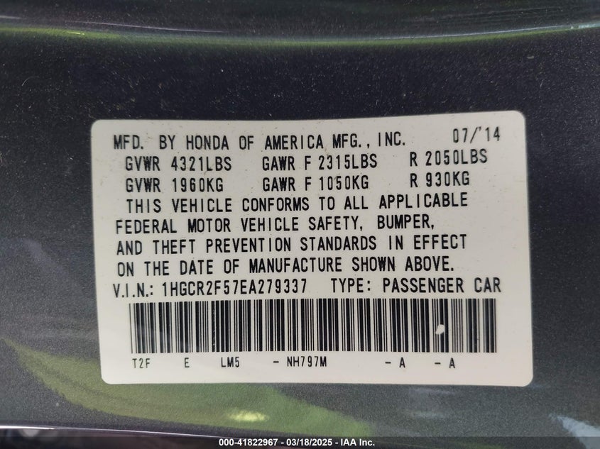 2014 HONDA ACCORD VIN: 1HGCR2F57EA279337