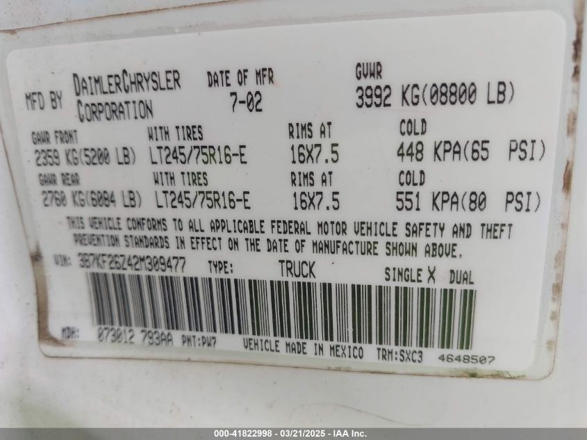 2002 Dodge Ram 2500 St VIN: 3B7KF26Z42M309477 Lot: 41822998