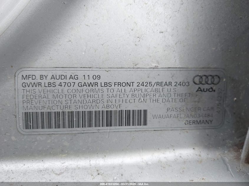 2010 Audi A4 Premium VIN: WAUAFAFL2AN0344B4 Lot: 41823204