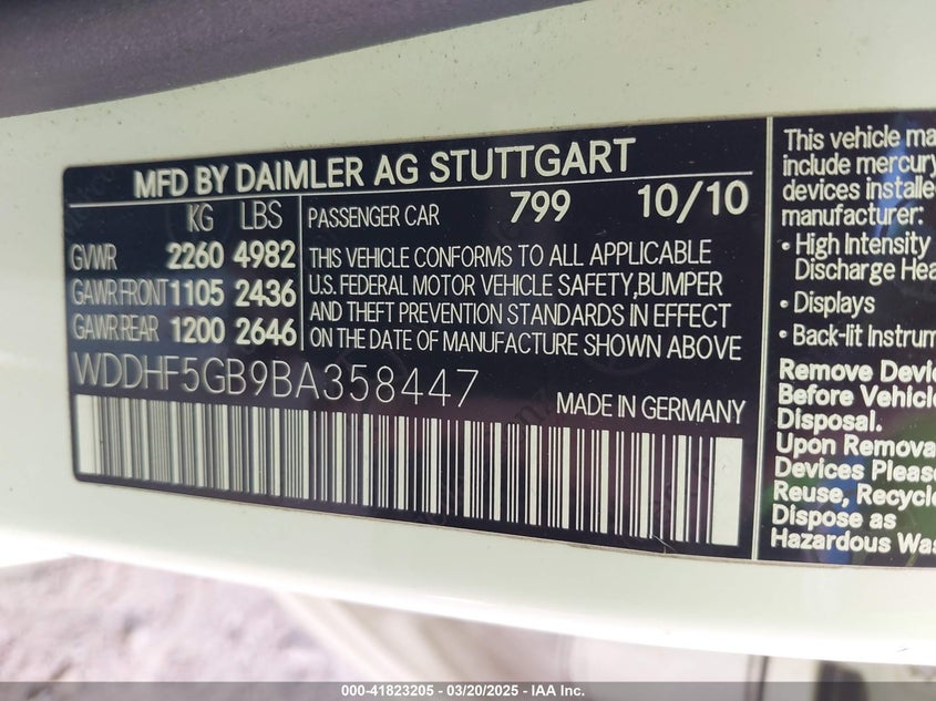2011 MERCEDES-BENZ E VIN: WDDHF5GB9BA358447