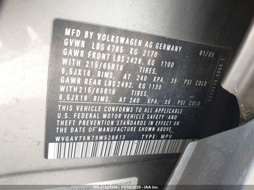 2009 Volkswagen Tiguan S VIN: WVGAV75N79W528613 Lot: 41823234