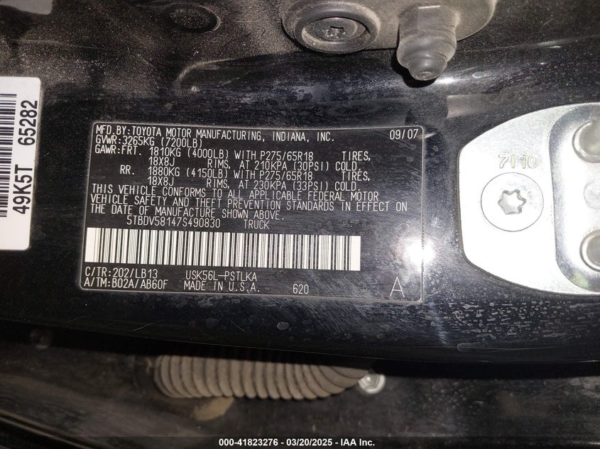 2007 TOYOTA TUNDRA VIN: 5TBDV58147S490830