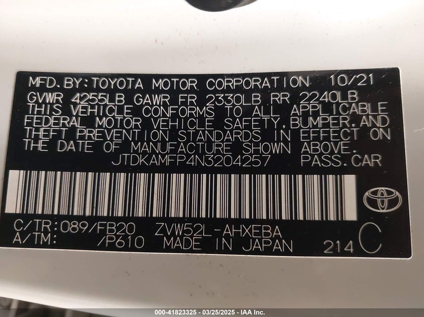 2022 TOYOTA PRIUS PRIME VIN: JTDKAMFP4N3204257