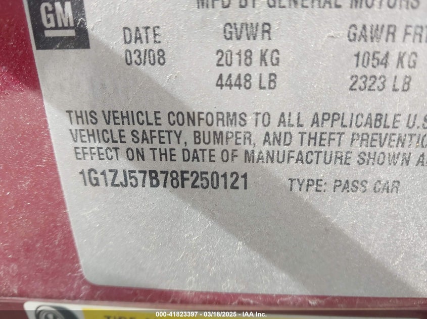 2008 CHEVROLET MALIBU VIN: 1G1ZJ57B78F250121
