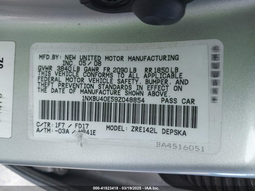 2009 TOYOTA COROLLA VIN: 1NXBU40E59Z048854