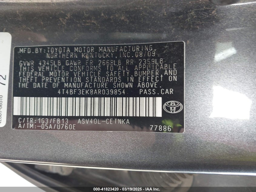 2010 TOYOTA CAMRY VIN: 4T4BF3EK8AR039854