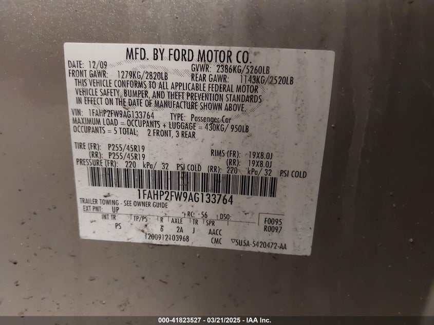 2010 FORD TAURUS VIN: 1FAHP2FW9AG133764