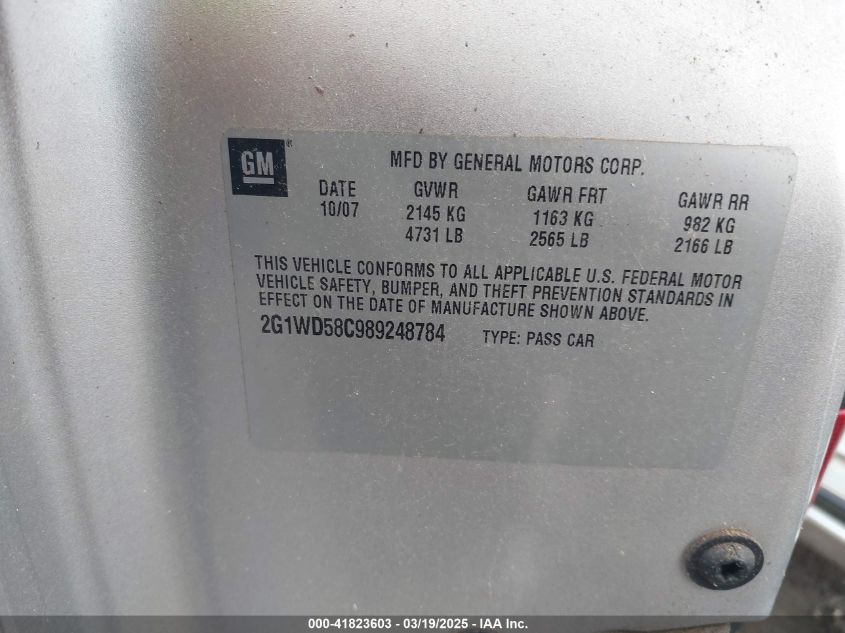 2008 Chevrolet Impala Ss VIN: 2G1WD58C989248784 Lot: 41823603