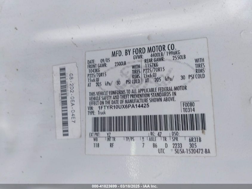 2006 Ford Ranger Sport/Stx/Xl/Xlt VIN: 1FTYR10UX6PA14425 Lot: 41823699