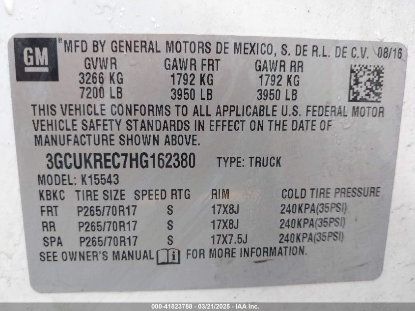 2017 Chevrolet Silverado 1500 1Lt VIN: 3GCUKREC7HG162380 Lot: 41823788