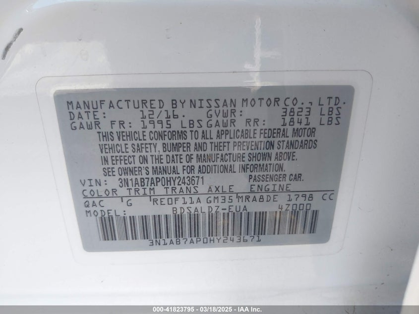 2017 NISSAN SENTRA VIN: 3N1AB7AP0HY243671