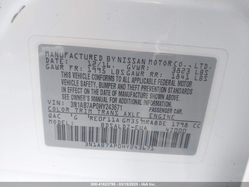 2017 NISSAN SENTRA VIN: 3N1AB7AP0HY243671