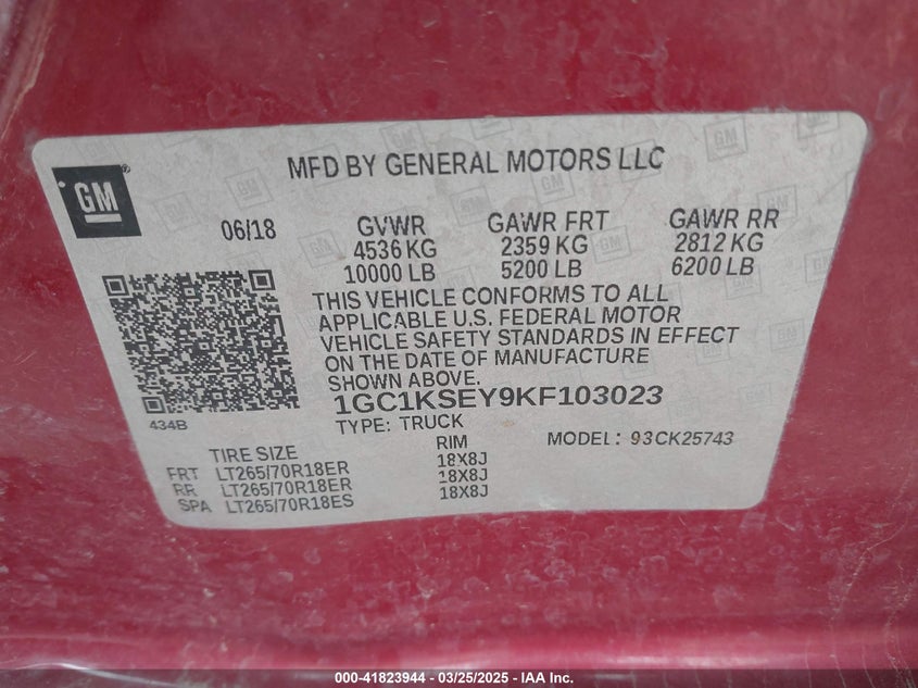 2019 CHEVROLET SILVERADO VIN: 1GC1KSEY9KF103023