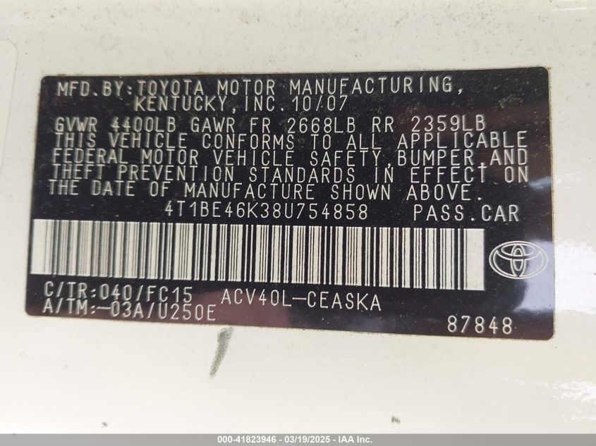 2008 Toyota Camry Se VIN: 4T1BE46K38U754858 Lot: 41823996