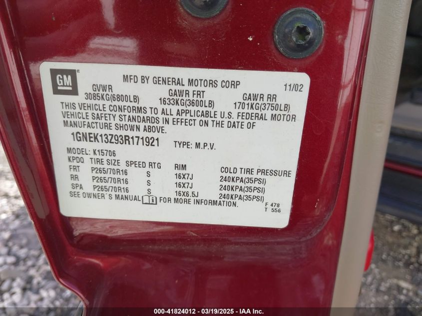 2003 Chevrolet Tahoe Ls VIN: 1GNEK13Z93R171921 Lot: 41824012