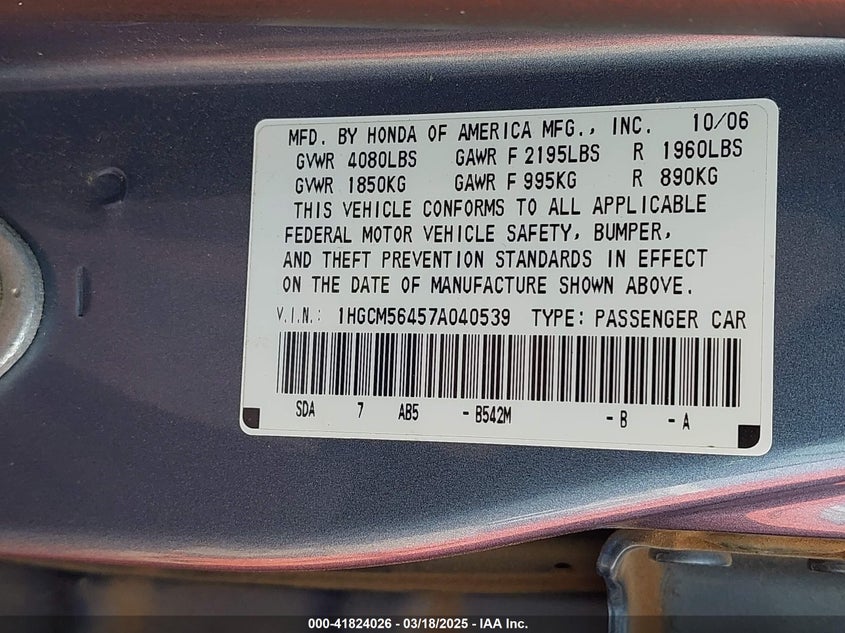 2007 HONDA ACCORD VIN: 1HGCM56457A040539