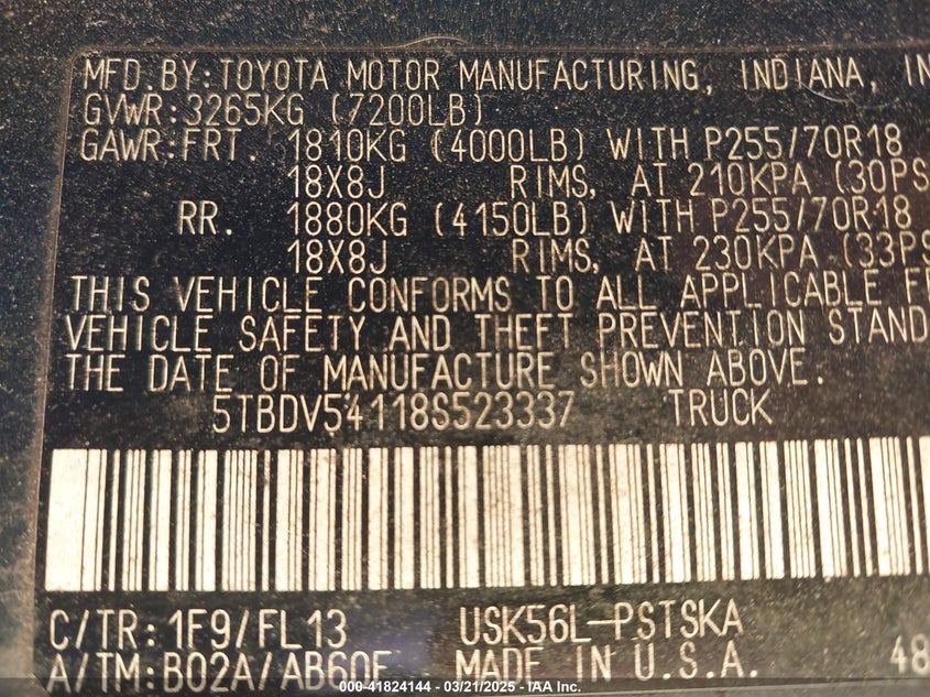 2008 Toyota Tundra Sr5 5.7L V8 VIN: 5TBDV54118S523337 Lot: 41824144