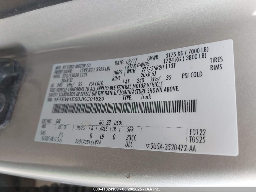2018 FORD F150 VIN: 1FTEW1E50JKC01823