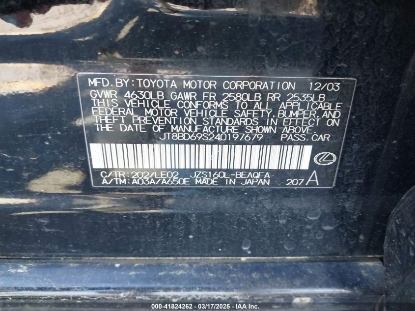 2004 Lexus Gs 300 VIN: JT8BD69S240197679 Lot: 41824262