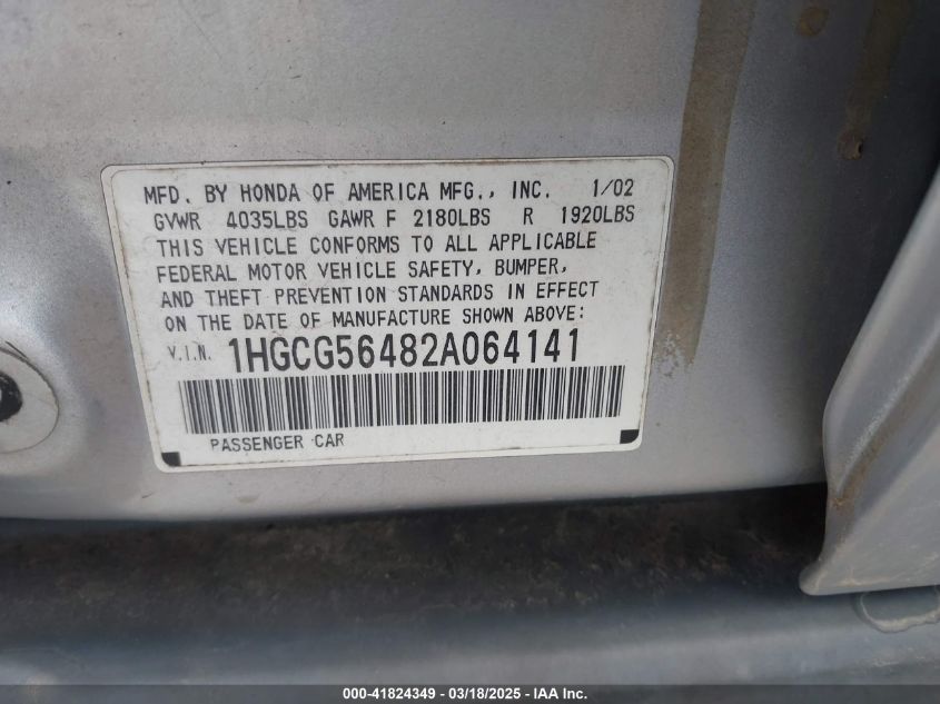 2002 Honda Accord 2.3 Lx VIN: 1HGCG56482A064141 Lot: 41824349