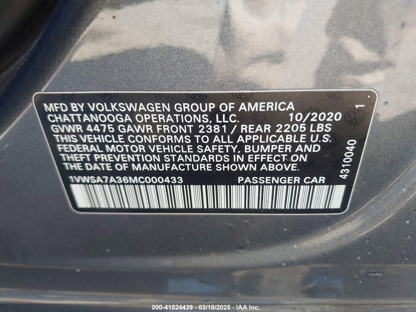 2021 VOLKSWAGEN PASSAT 2.0T SE - 1VWSA7A36MC000433