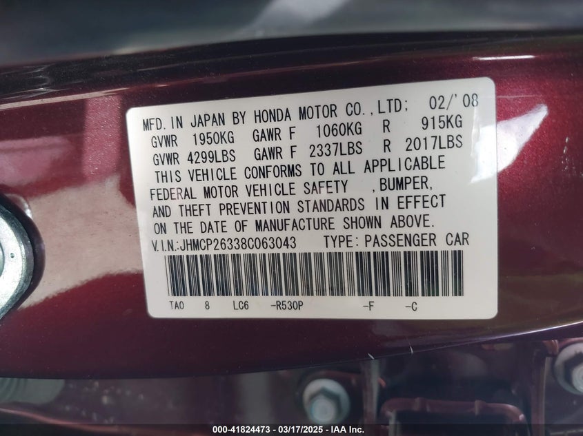 2008 HONDA ACCORD VIN: JHMCP26338C063043