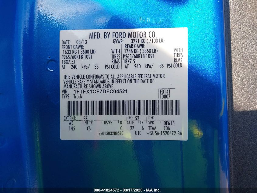 2013 Ford F-150 Stx VIN: 1FTFX1CF7DFC04521 Lot: 41824572