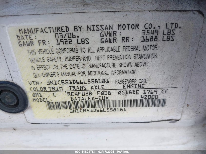2006 NISSAN SENTRA VIN: 3N1CB51D66L558181