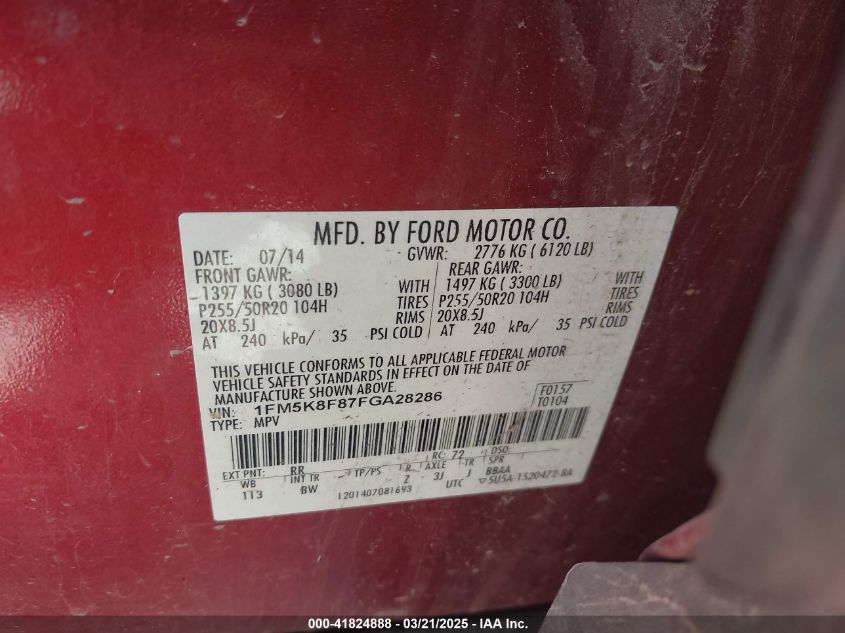 2015 Ford Explorer Limited VIN: 1FM5K8F87FGA28286 Lot: 41824888