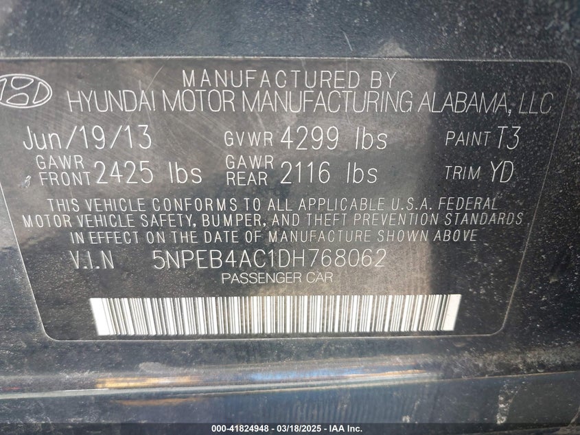 2013 HYUNDAI SONATA VIN: 5NPEB4AC1DH768062