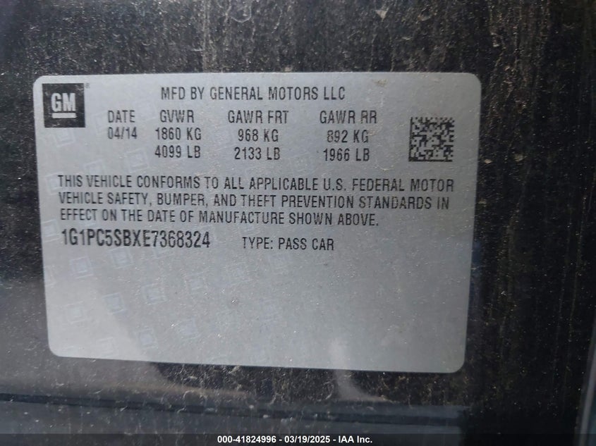 2014 CHEVROLET CRUZE VIN: 1G1PC5SBXE7368324