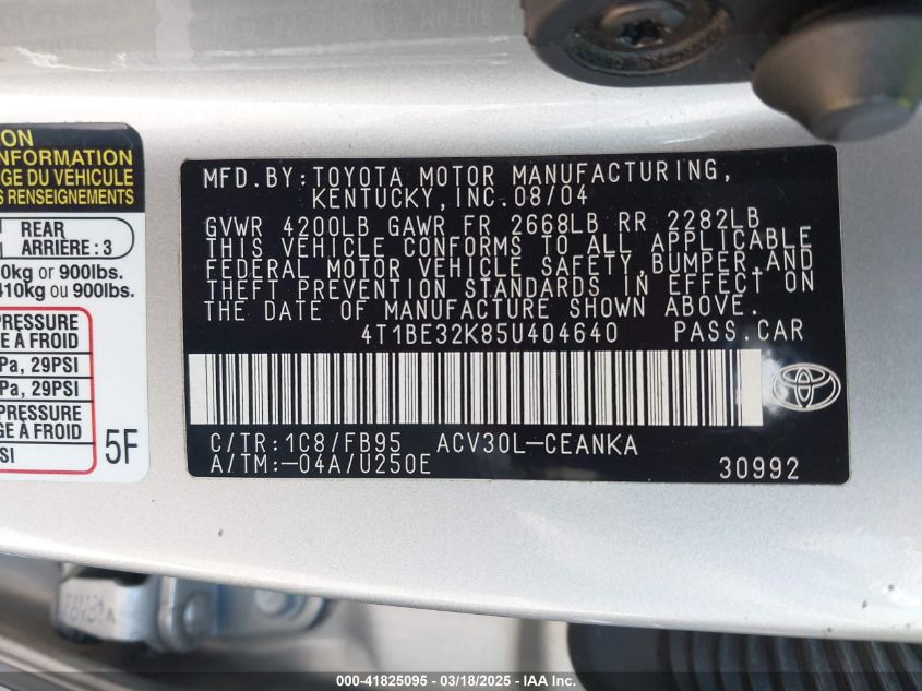 2005 Toyota Camry Le/Se/Std/Xle VIN: 4T1BE32K854404640 Lot: 41825095