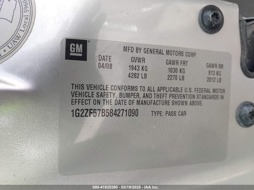 2008 PONTIAC G6 VIN: 1G2ZF57B584271090