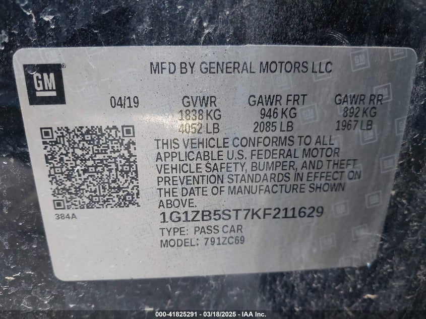 2019 CHEVROLET MALIBU VIN: 1G1ZB5ST7KF211629