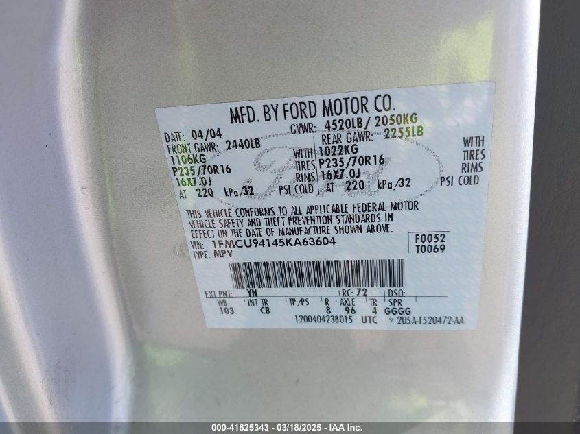 2005 Ford Escape Limited VIN: 1FMCU94145KA63604 Lot: 41825343