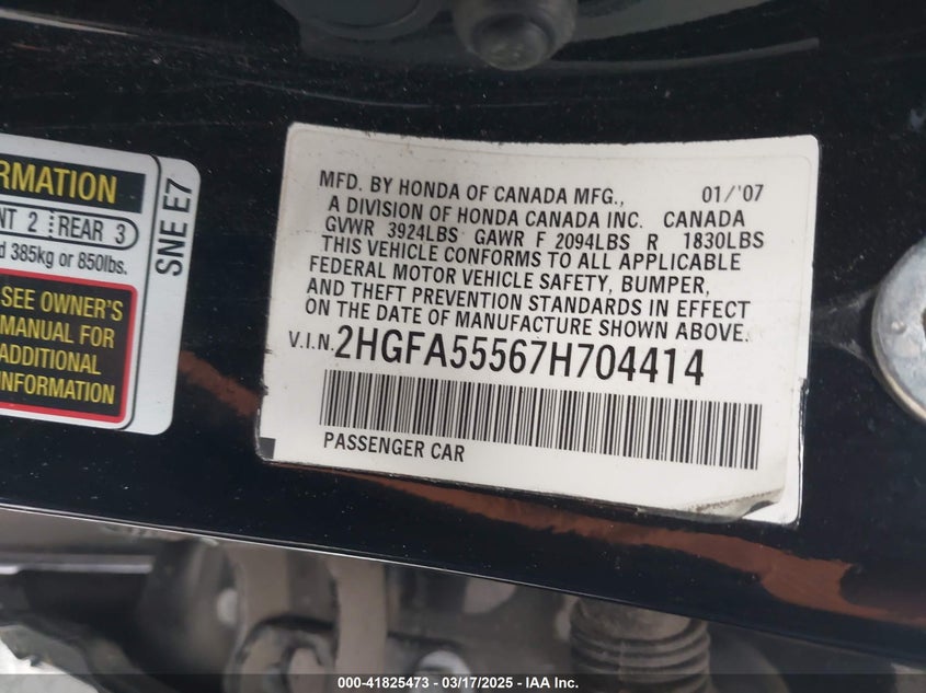 2007 HONDA CIVIC VIN: 2HGFA55567H704414