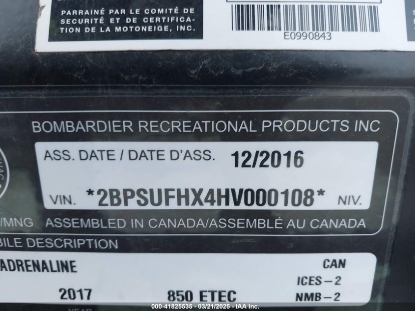 2017 SKID RENEGADE VIN: 2BPSUFHX4HV000108