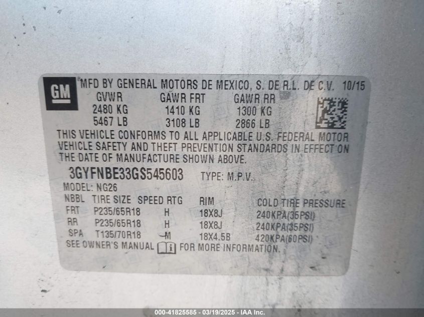 2016 Cadillac Srx Luxury Collection VIN: 3GYFNBE33GS545603 Lot: 41825585