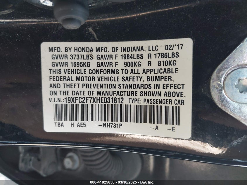 2017 HONDA CIVIC VIN: 19XFC2F7XHE031812