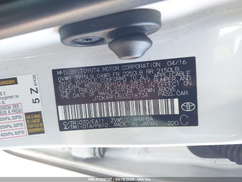 2016 Toyota Prius Three Touring VIN: JTDKARFU5G3018734 Lot: 41825707