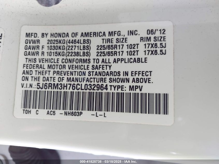 2012 Honda Cr-V Ex-L VIN: 5J6RM3H76CL032964 Lot: 41825738