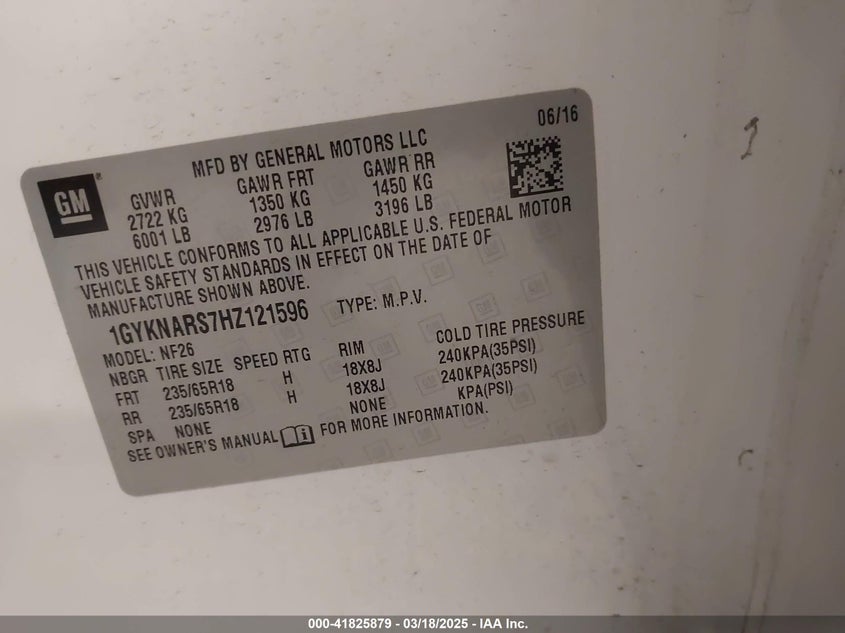 2017 Cadillac Xt5 Standard VIN: 1GYKNARS7HZ121596 Lot: 41825879