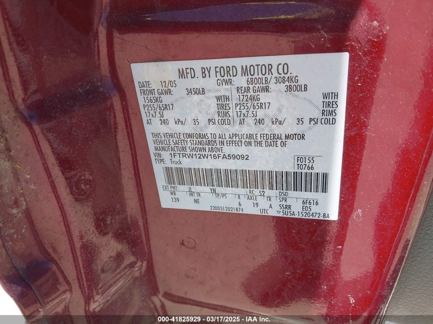 2006 FORD F-150 VIN: 1FTRW12W16FA59092
