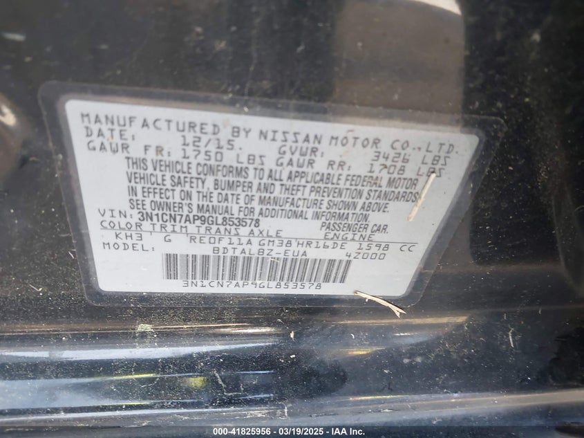 2016 NISSAN VERSA 1.6 SV - 3N1CN7AP9GL853578