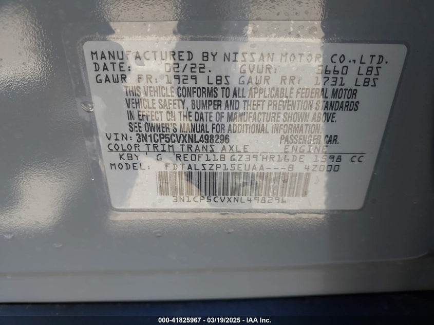 2022 NISSAN KICKS VIN: 3N1CP5CVXNL498296