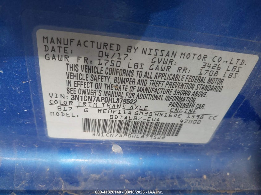 2017 NISSAN VERSA VIN: 3N1CN7AP0HL879522