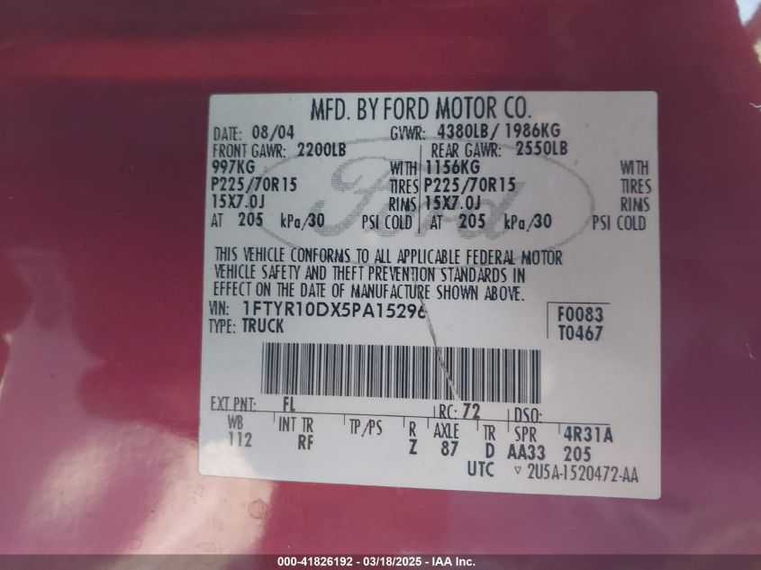 2005 Ford Ranger VIN: 1FTYR10DX5PA15296 Lot: 41826192