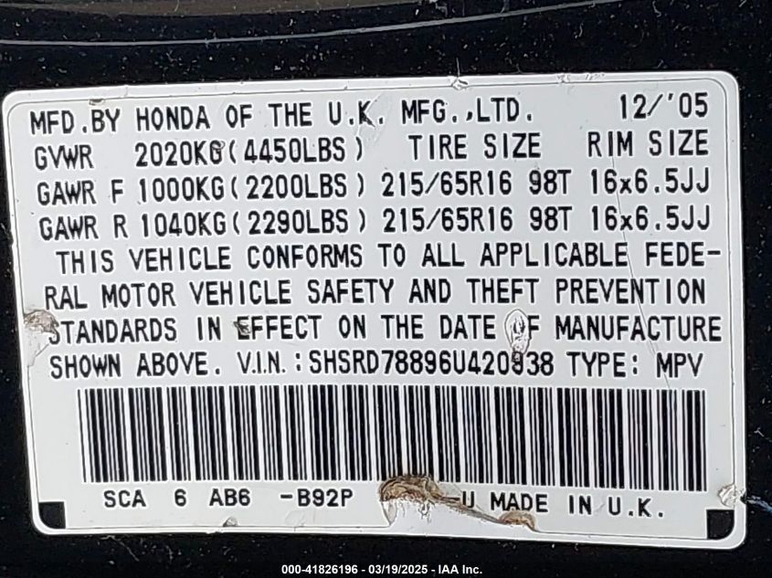 2006 Honda Cr-V Ex VIN: SHSRD78896U420938 Lot: 41826196